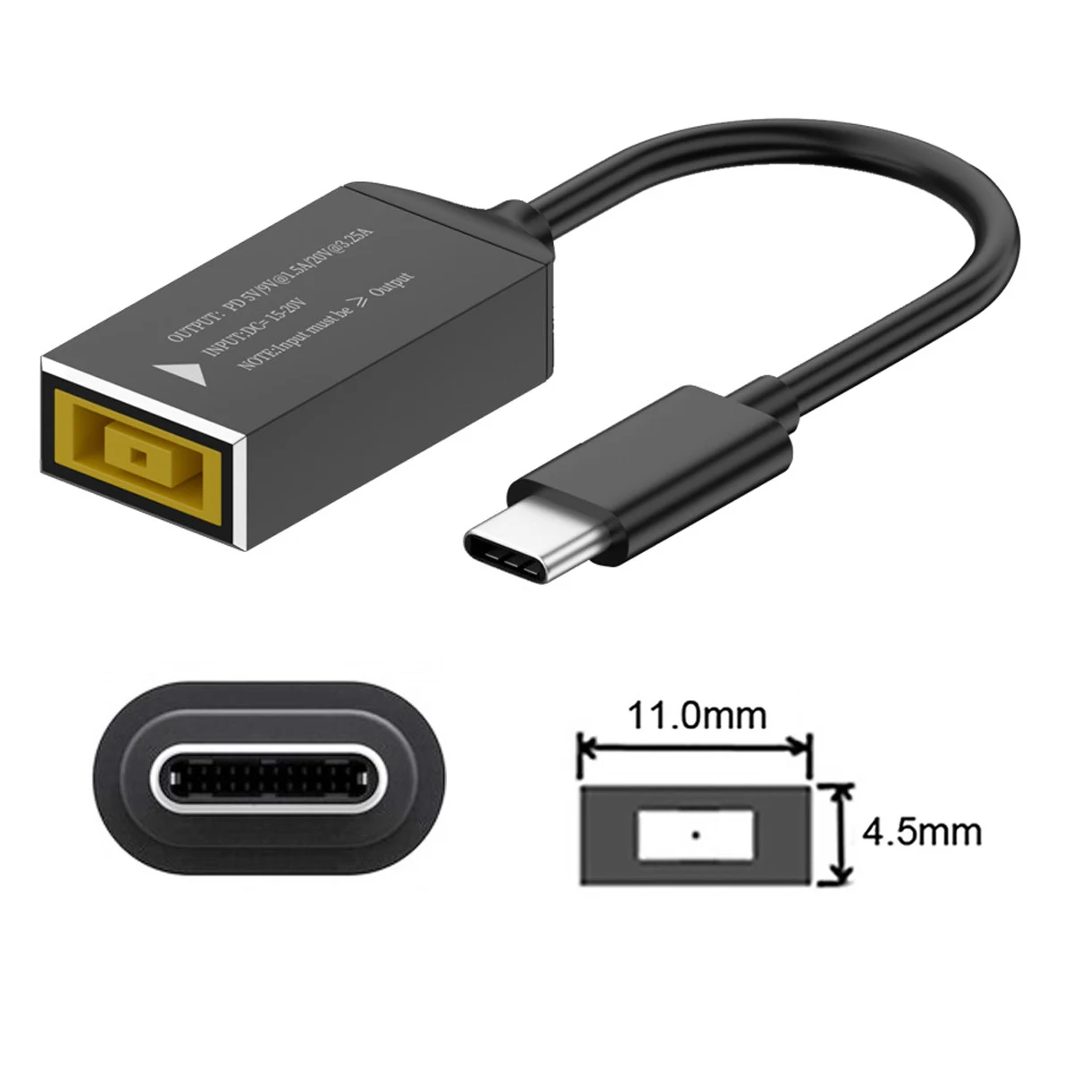 노트북 휴대폰 태블릿용 스퀘어 잭-USB C타입 컨버터, PD65W 충전 케이블, Lenovo 전원 어댑터와 호환 가능