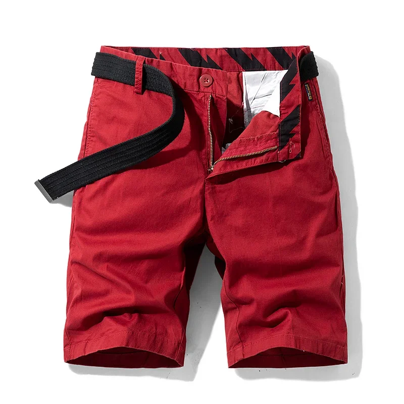 2023 Summer Red Multi-pockets Cotton Men's Cargo Shorts Straight Loose Casual Shorts Male Short Pants Bermuda Masculina