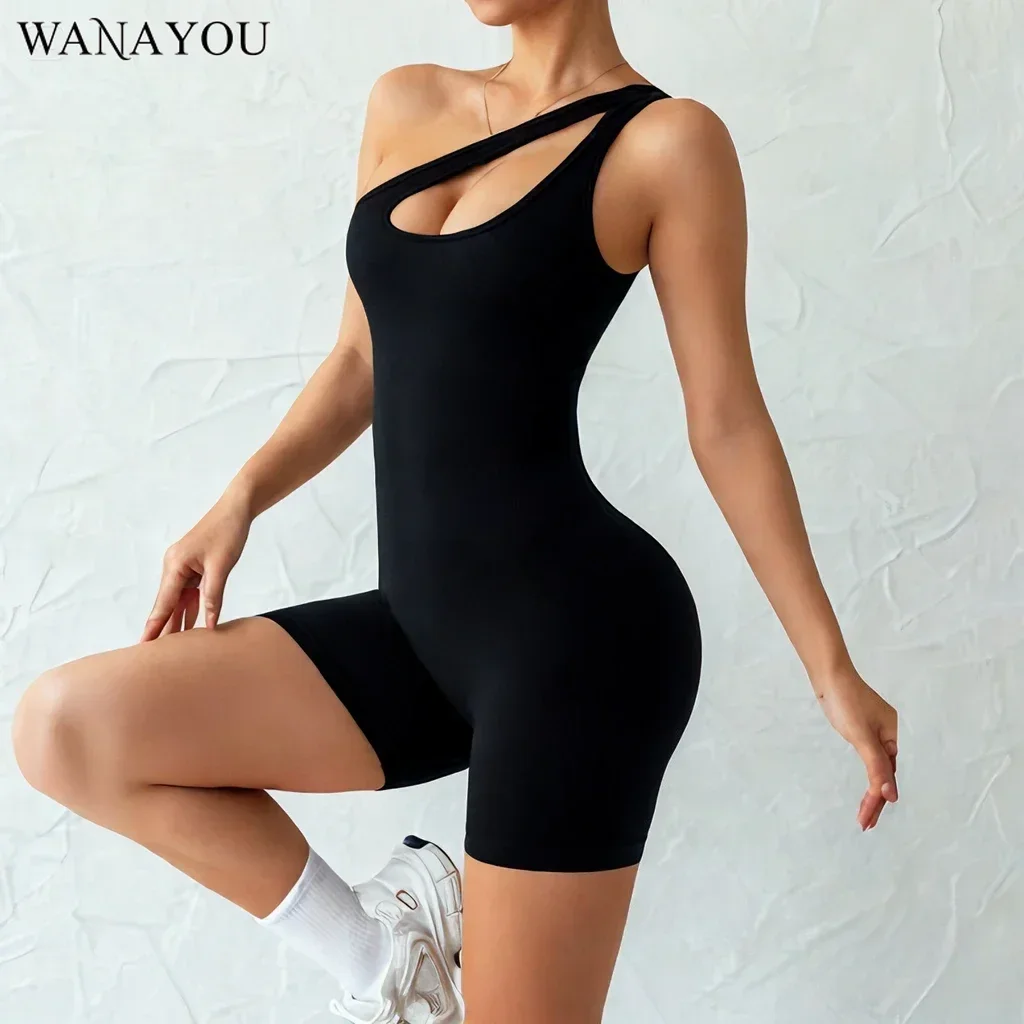 

STOUREG Women's Sexy Yoga Shorts, Tight Fitting Sportswear, Jumpsuit, Single Shoulder Design, Gym Workout Sleeveless Set