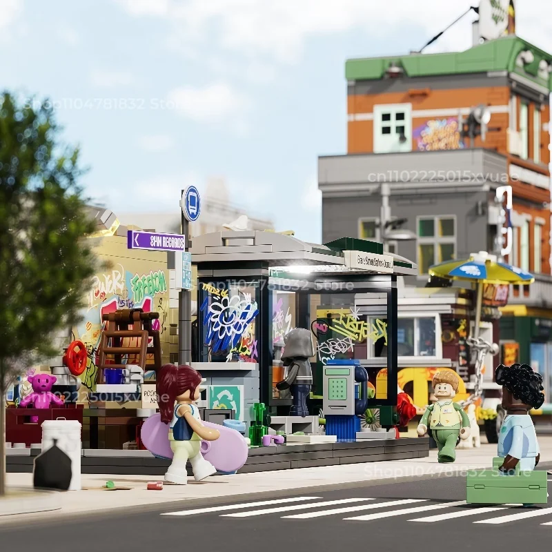 아메리칸 스트리트 시리즈 빌딩 블록 낙서 버스 정류장 거리 장면 조립 모델 도시 교육 장식품 컬렉션 선물