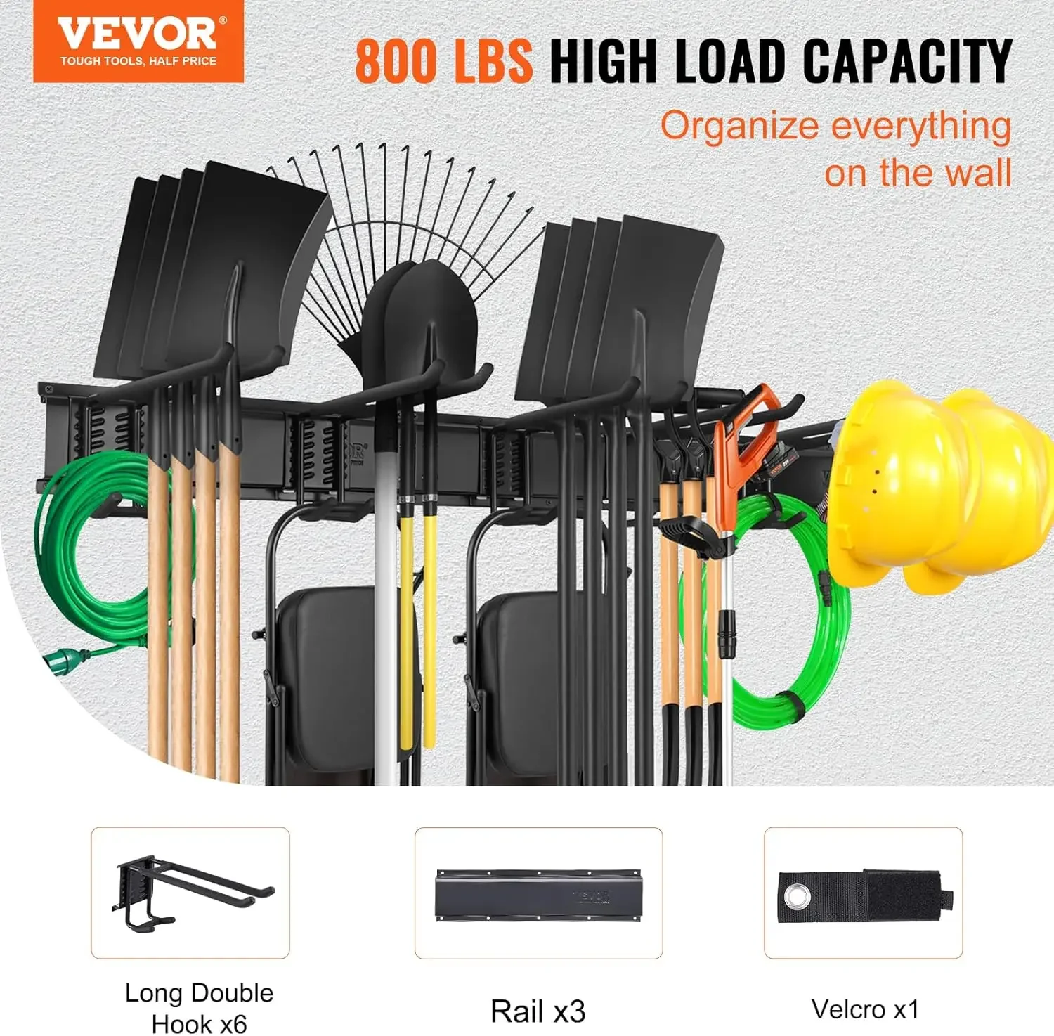 Garage Tool Organizer, 800 lbs Max Load Capacity, Wall Mount Yard Garden Storage Rack Organization Heavy Duty with 6 Adjustable