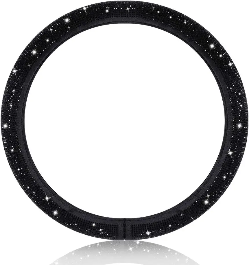 Universal Steering Wheel Cover with Black Crystal Rhinestones Car Breathable Anti-Slip Wheel Protector Fit 14.2-15 inch