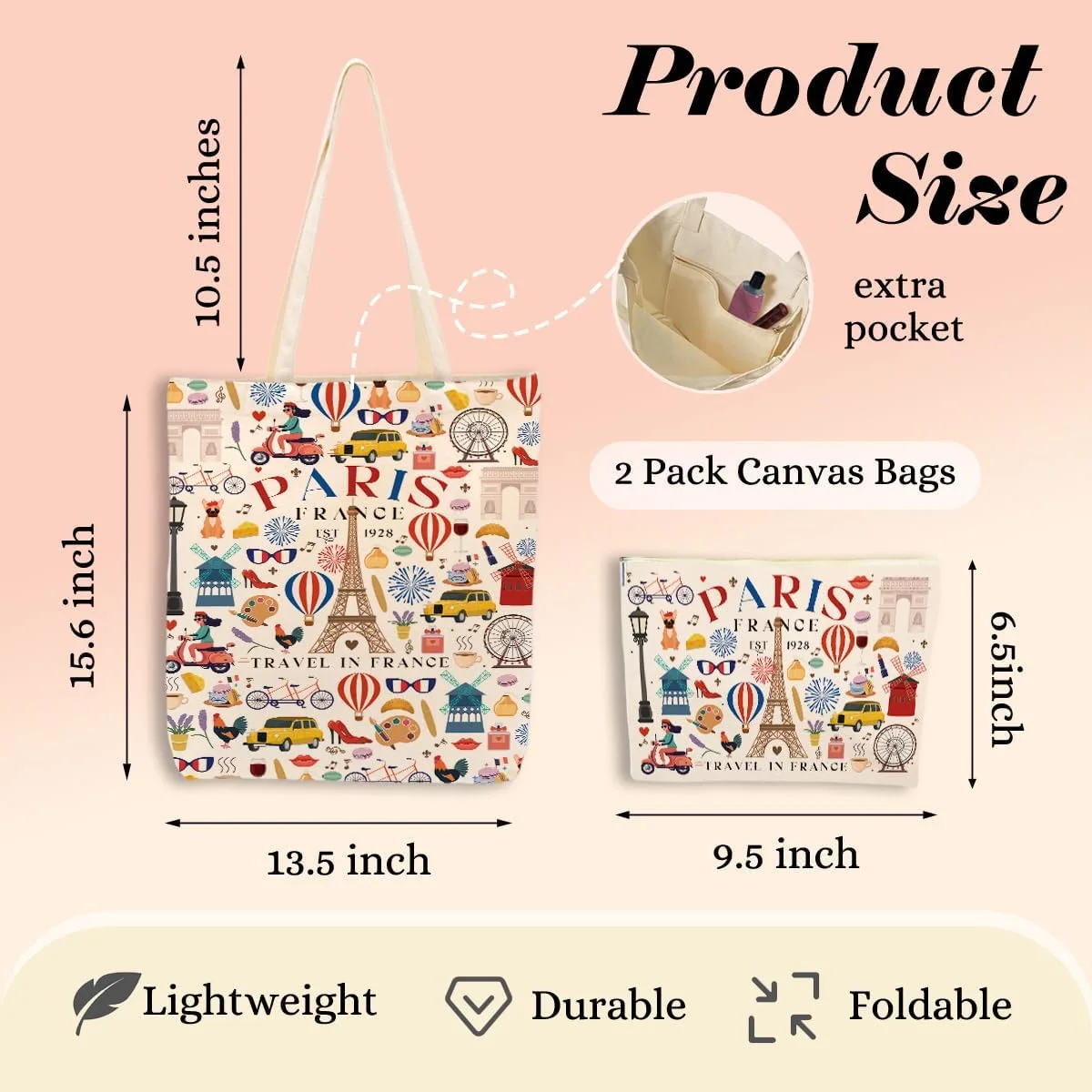 

Fashionable Personalized Design Large Capacity Zipper Top Handbag Shopping Tote – 2-in-1 Canvas Tote Set with Detachable Pouch