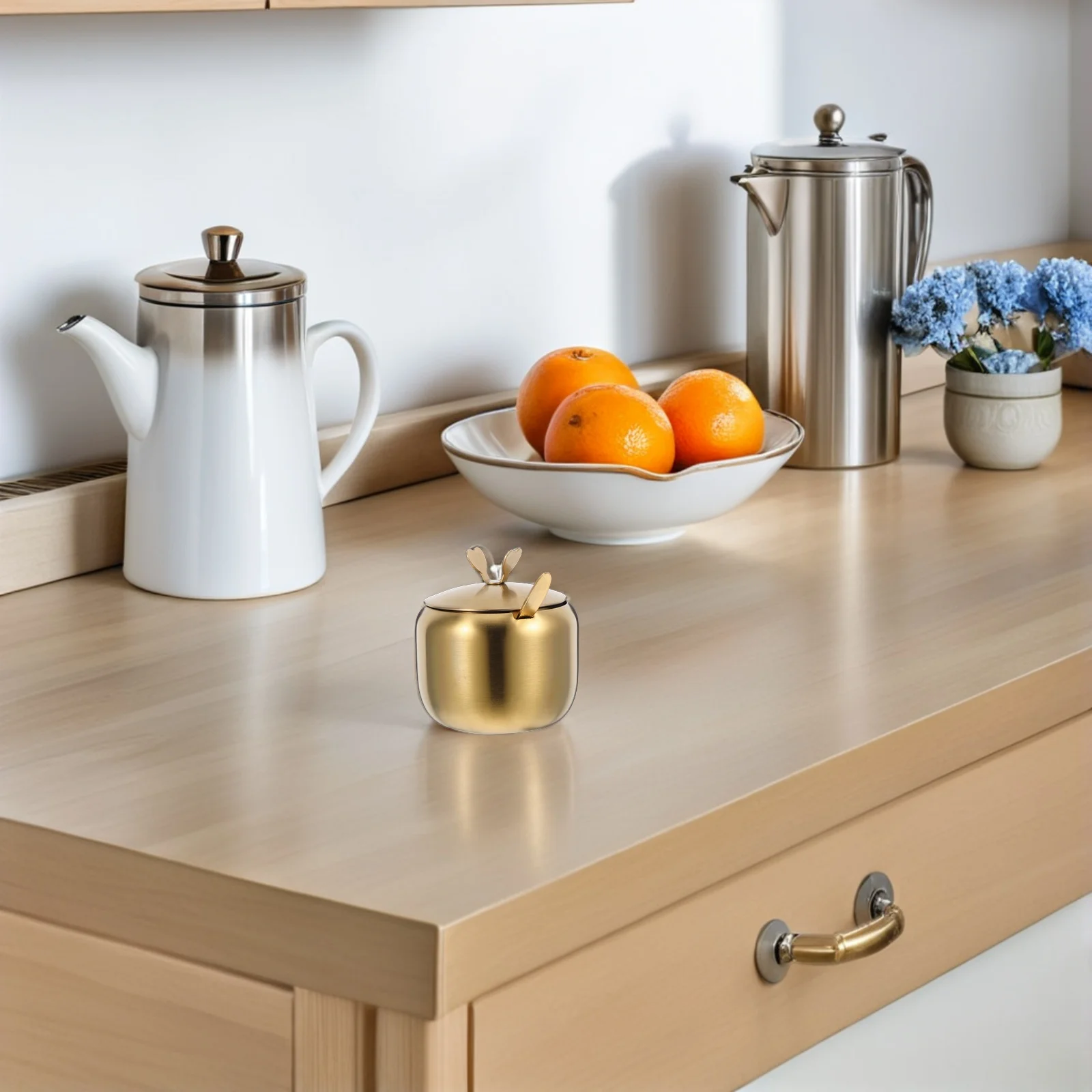 

2 Pcs Spices Jar Containers with Spoon Salt and Sugar Condiment Stainless Steel Belt Golden Lid