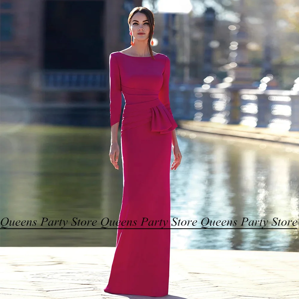 

Fuchsia Mermaid Mother of The Bride Dress 3/4 Sleeves Scoop Neck Pleat Waist Open Back Buttons Evening Party Gown Guest Dresses