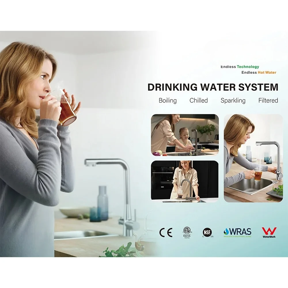 5 in 1 Filter Chilled Sparkling Boiling Water Tap System Brass Instant Hot Kitchen Faucet Brushed Gold Boiling Water Tap