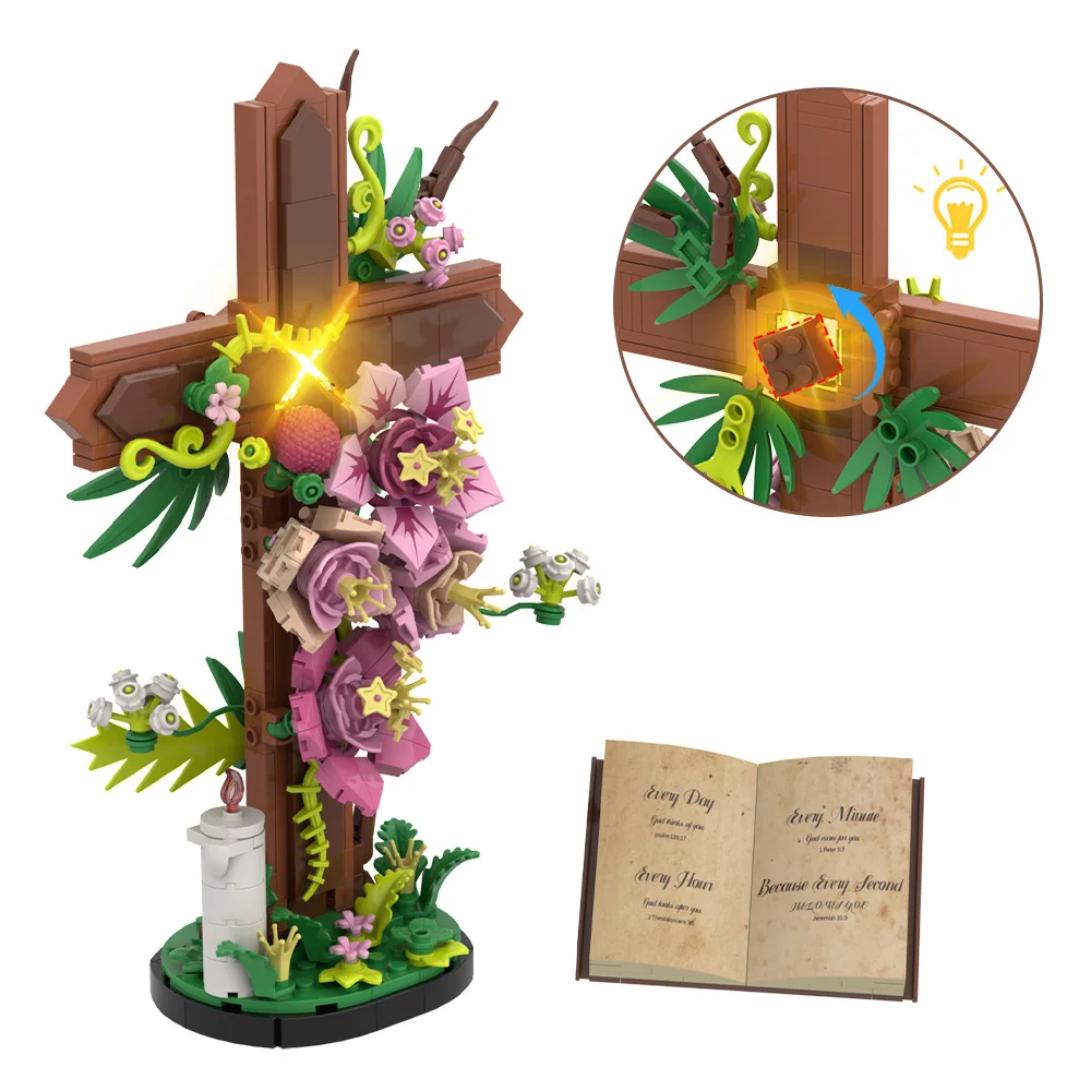 

Gobricks MOC Jesus Cross Tulip Bible Flower Building Blocks Toys Gift