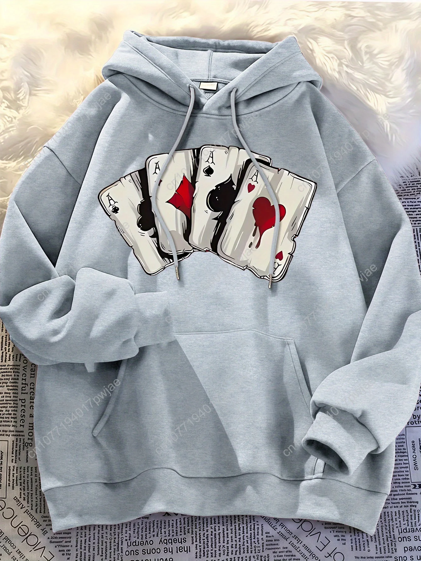 [Sudadera con capucha de póker de moda] Sudadera con capucha informal de moda para hombre - Negro con gráfico de tarjeta de póquer roja y blanca - Sudadera con capucha de invierno - Regular