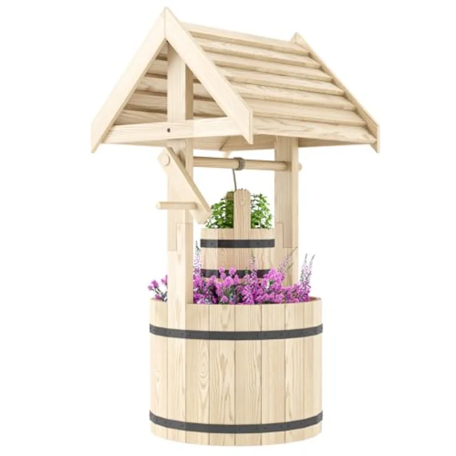 

Деревянная кашпо-колодец в деревенском стиле с регулируемым подвесным ведром для сада и патио, декоративное кашпо для цветов из натурального дерева