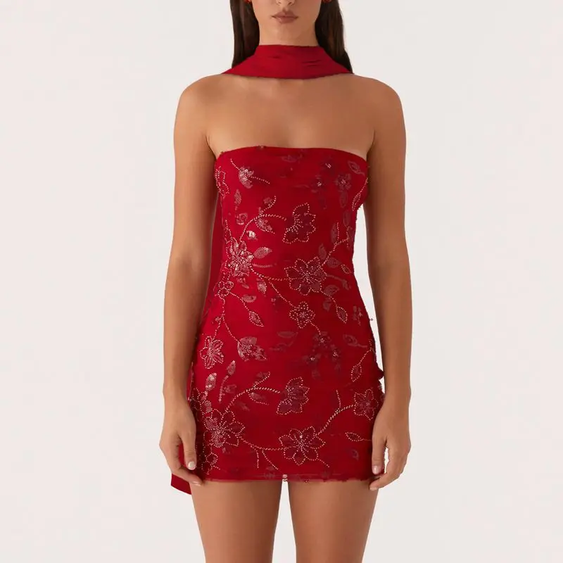 

Women Summer Sleeveless Off Shoulder Flower Embroidery Beading Sequins Bodycon Mini Bandeau Tube Top Dress with Scarf