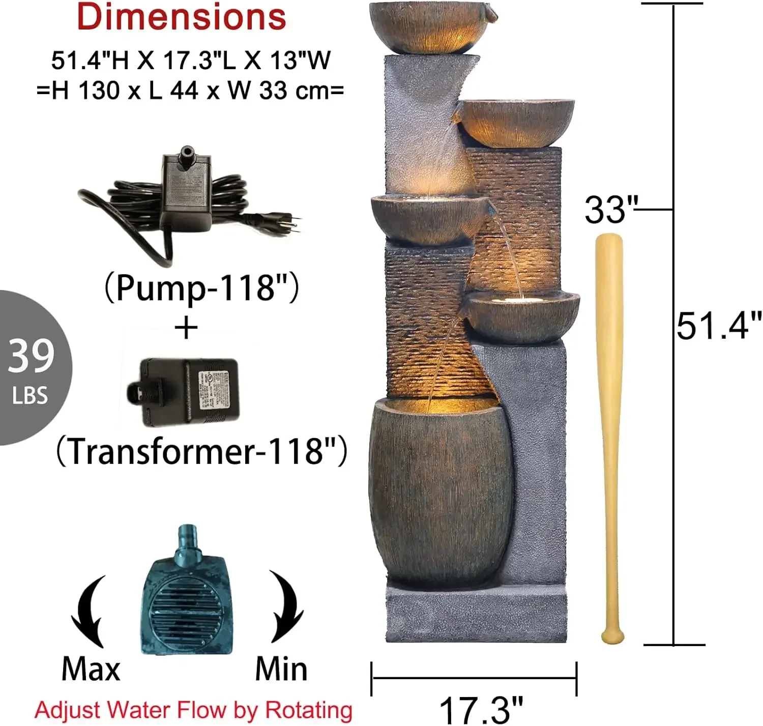 51.4" H Outdoor Garden Water Fountain for Garden, Patio, Backyard, Deck, Porch and Home Art Decor, Large Outdoor Fountain