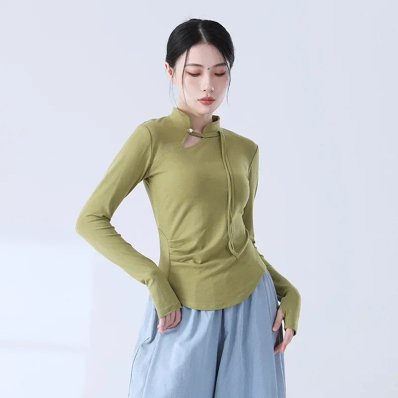 stand-up collar retro diagonal placket buckled Chinese style cheongsam collar dance practice clothes long-sleeved top
