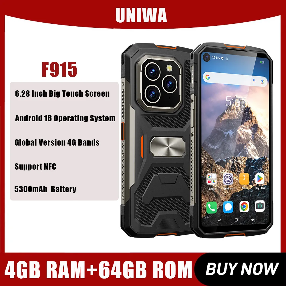 

NEW UNIWA F915 Rugged Smartphone 6.28 Inch 4GB+64GB 5300mAh Explosion-Proof Battery Android 16 NFC Fingerprint Unlock