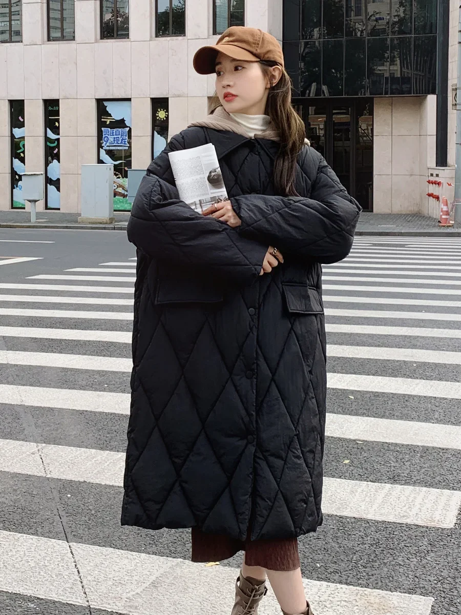 Korean Version Solid Color Retro Diamond Check Loose Cotton Jacket, Winter Hooded Patchwork Single-breasted Cotton Jacket Women