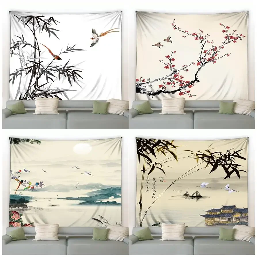 3D Chinese Ink Bamboo Tapestry Birds Red Flowers Mountain Water Natural Landscape Tapestries Dorm Living Room Wall Hanging Black