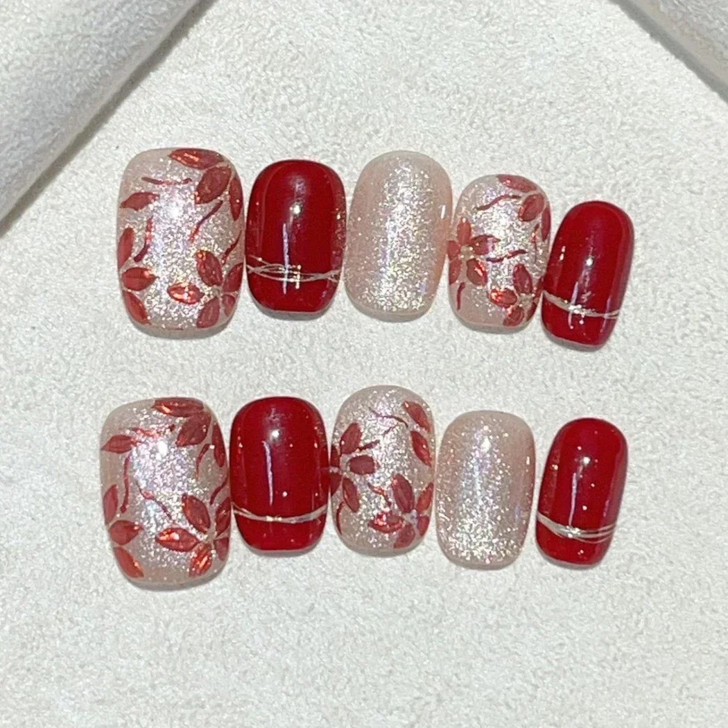 10Pcs Handmade Press on Nails Full Cover Glitter Flowers Retro Red False Nails Classique French Short Ballet Wearable Manicure