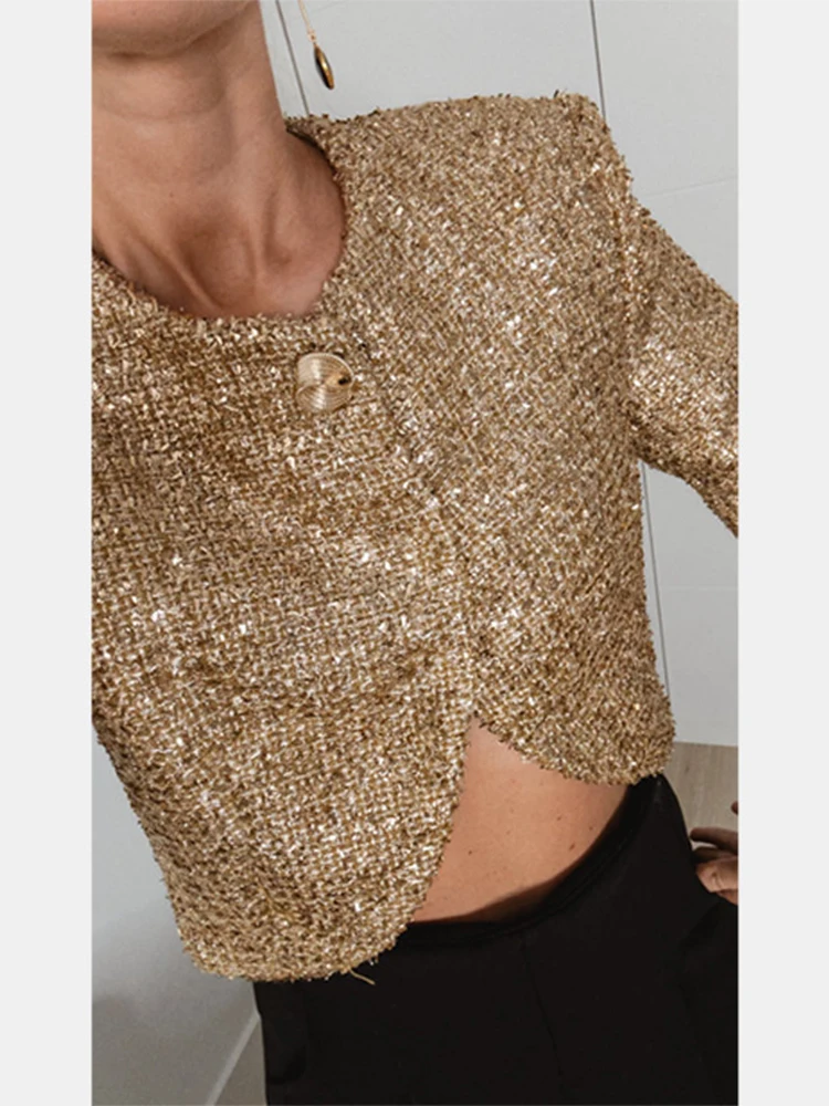 ﻿Gold Lurex Women's Short Jacket O Neck Single Button Long Sleeve Irregular Coat 2025 Autumn Winter Lady Chic Street Outerwear