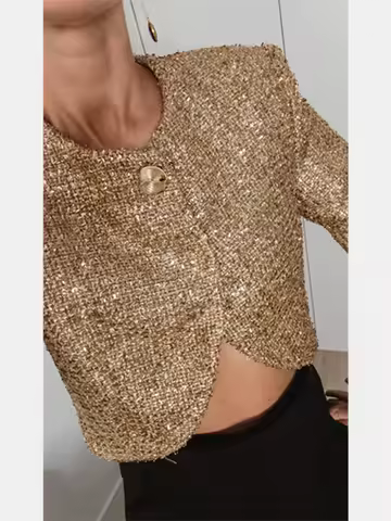 Gold Lurex Women's Short Jacket O Neck Single Button Long Sleeve Irregular Coat 2025 Autumn Winter Lady Chic Street Outerwear