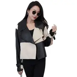Chaqueta de cuero de empalme a cuadros para mujer, abrigo informal coreano, Tops de calle, primavera y otoño, blanco y negro, novedad de 2024