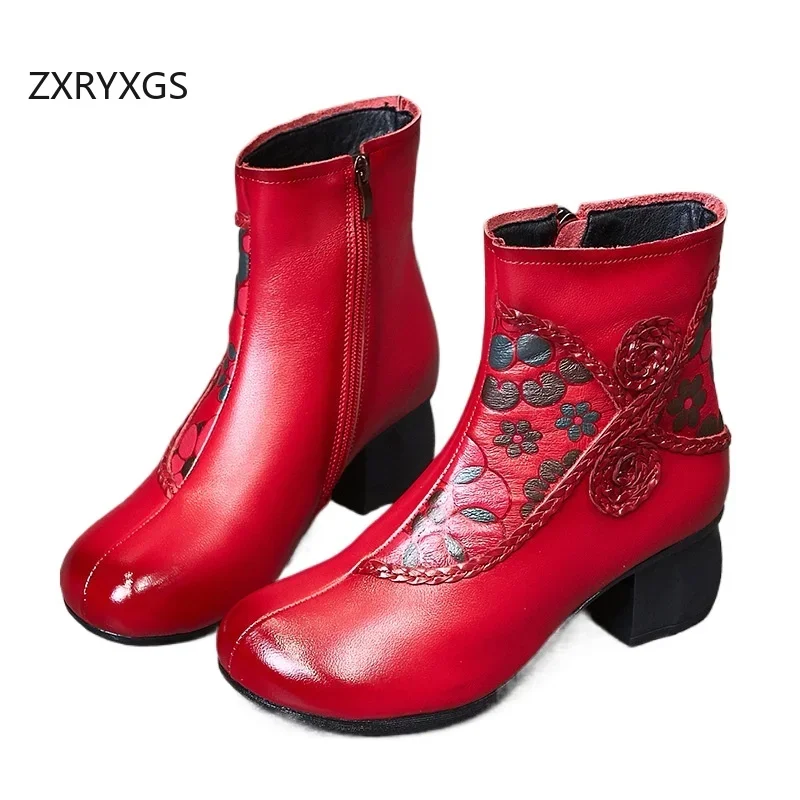 ZXRYXGS Ethnic Style Top Layer Cowhide Embossed Leather Women Fashion Boots Single Shoes 2024 Elegant Comfort Warm Winter Boots