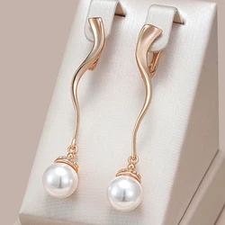 Kinel Unique Geometric Glossy Long Pearl Drop Earrings for Women Luxury 585 Rose Gold Color Accessories Party Daily Fine Jewelry