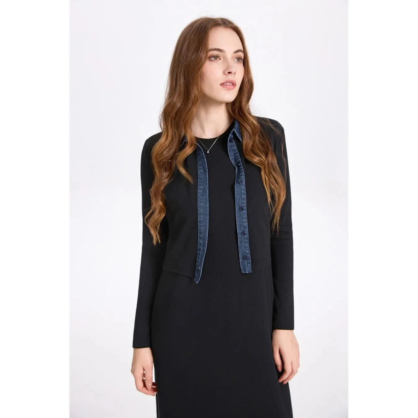 

as AW25 Denim Collar Ribbing Cardigan New Design Women's Fashion Winter Dress H-Shape Midlife Group PVC Material Silk Luster