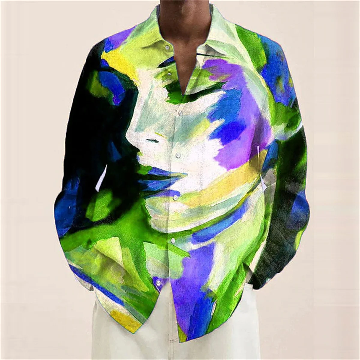 Ladies portrait pattern men\'s shirt abstract lapel 3D printing street long sleeved button clothing painting colored shirt S-6XL