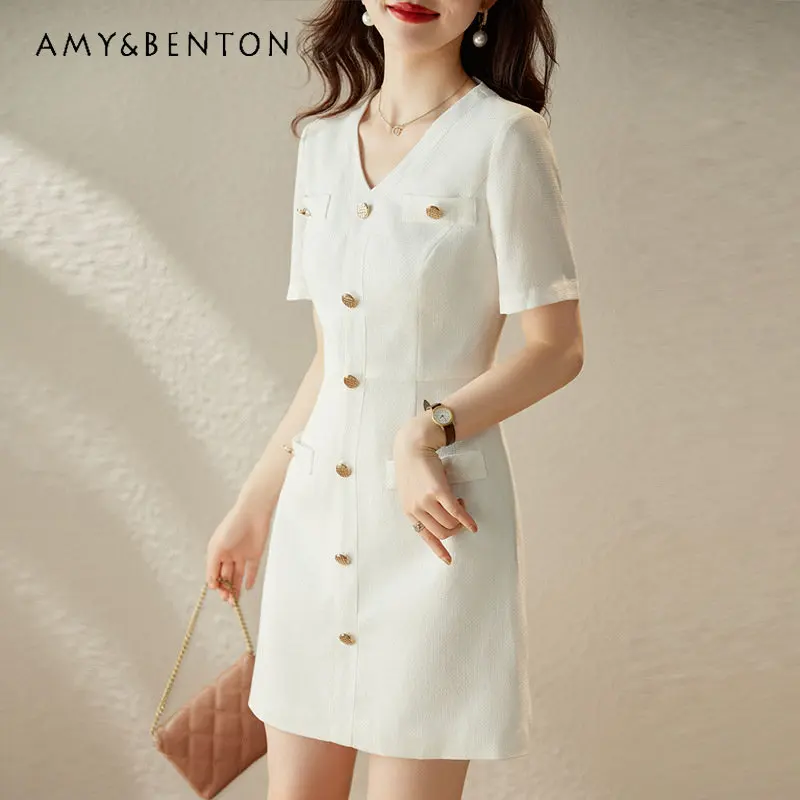 Solid Color V-neck Dress Female 2023 Summer Business Fashion Temperament Socialite Slim Fit High Sense Hot Short Sleeve Dress