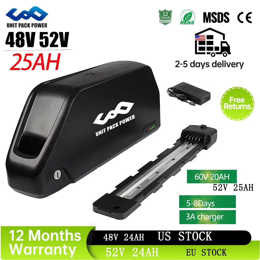Batterie de vélo électrique 52V 25AH 21700 72V 15AH 52V 48V 20AH Downtube Polly L-G 60V 20AH pour trottinette 1000W 1500W 2000W