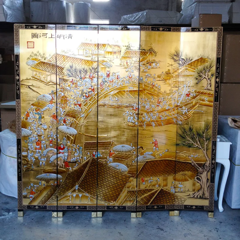 Supreme gold foil Qingming Shanghe picture screen hand-stacked gold painting Ming and Qing classical furniture live broadcast ba