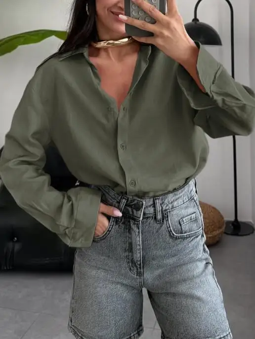 

Осенняя элегантная и универсальная женская рубашка с длинными рукавами и простым и приталенным воротником, рубашка с длинными рукавами для поездок на работу