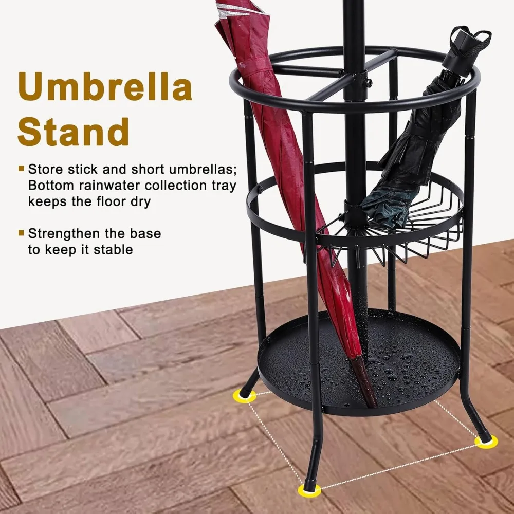 رف معطف معدني أسود حديث مع حامل مظلة و12 خطافًا لتعليق المعاطف والقبعات والإكسسوارات