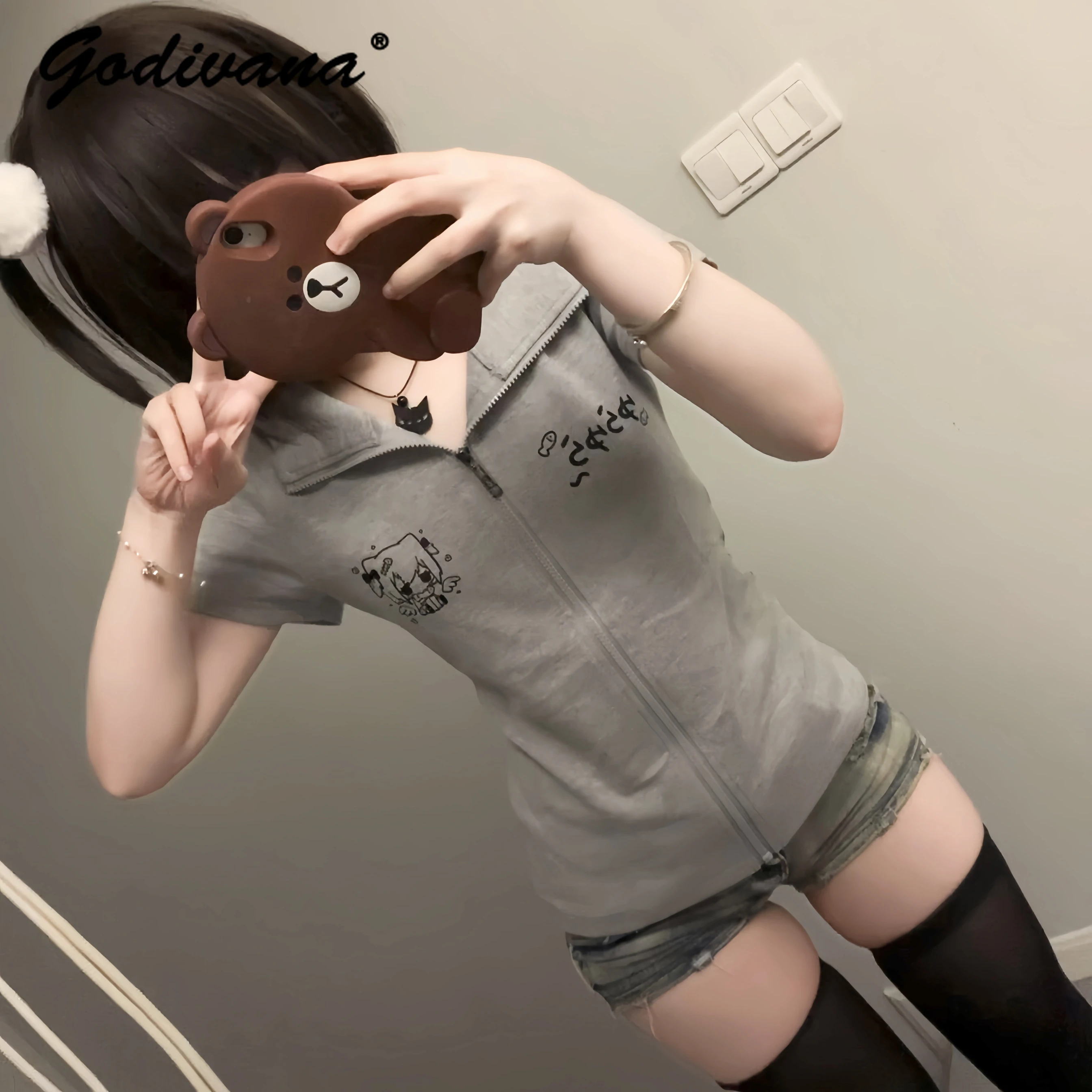 Japanese Cute Hot Girl Slim-Fit Cat Ear Hooded Short Sleeve T-shirt New Summer Women's Casual Y2K Zipper Top