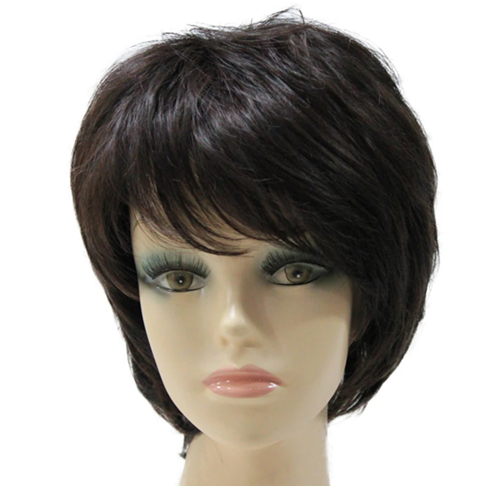 Natural straight women\'s Short brown Natural Synthetic Full Synthetic Hair Wig for female with bangs