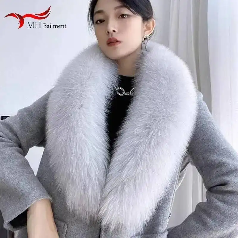 Quality Natural Fox Fur Collar Winter Hood Trims Decor Shawl Women Warm 100% Furry Scarf Big Size Shawl Luxury Female Scarves