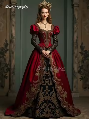 Historical Black And Red Prom Dress With Gold Lace Appliques Long Sleeves Vintage Victorian Evening Gown Customized