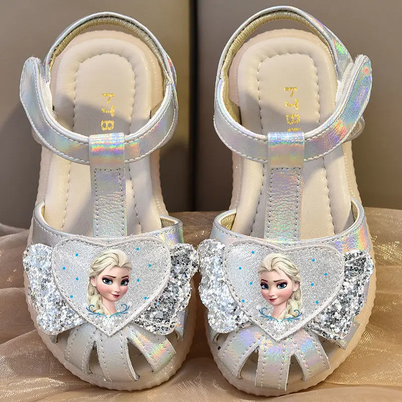 Disney Frozen Elsa Girls Sandals 2023 Summer New Genuine Leather Princess Shoes Fashion Casual Shoes Kids Beach Shoes Size 23-36