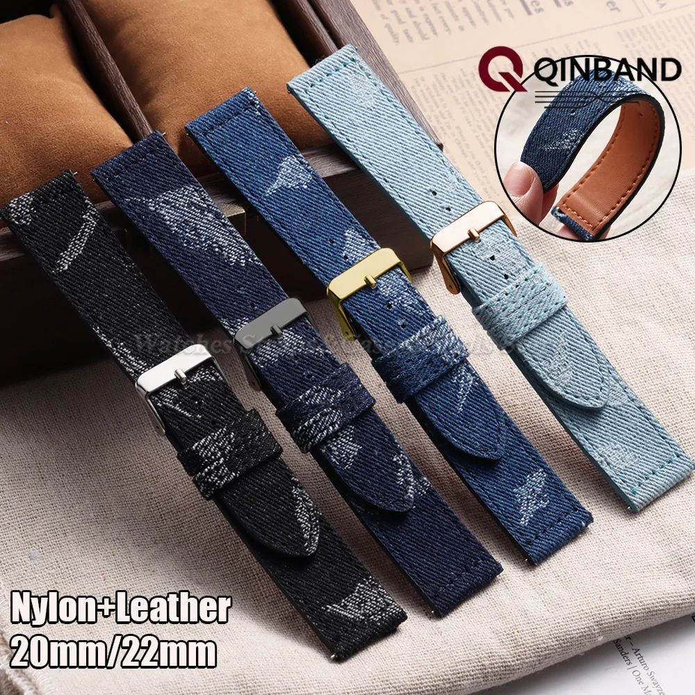 Denim Pattern Nylon Sailcloth Watchband Universal Vintage Leather Strap 20mm 22mm for Smartwatch Men Women Replacement Wristband