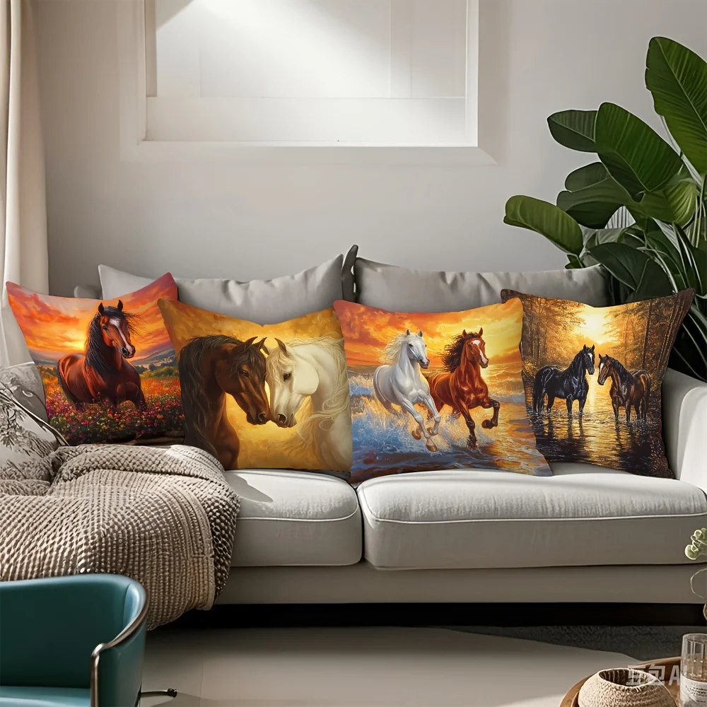4-Piece Printed Animal Pillowcase Set – Horses in Flower Fields, Streams, Forests & Sunset Scenery
