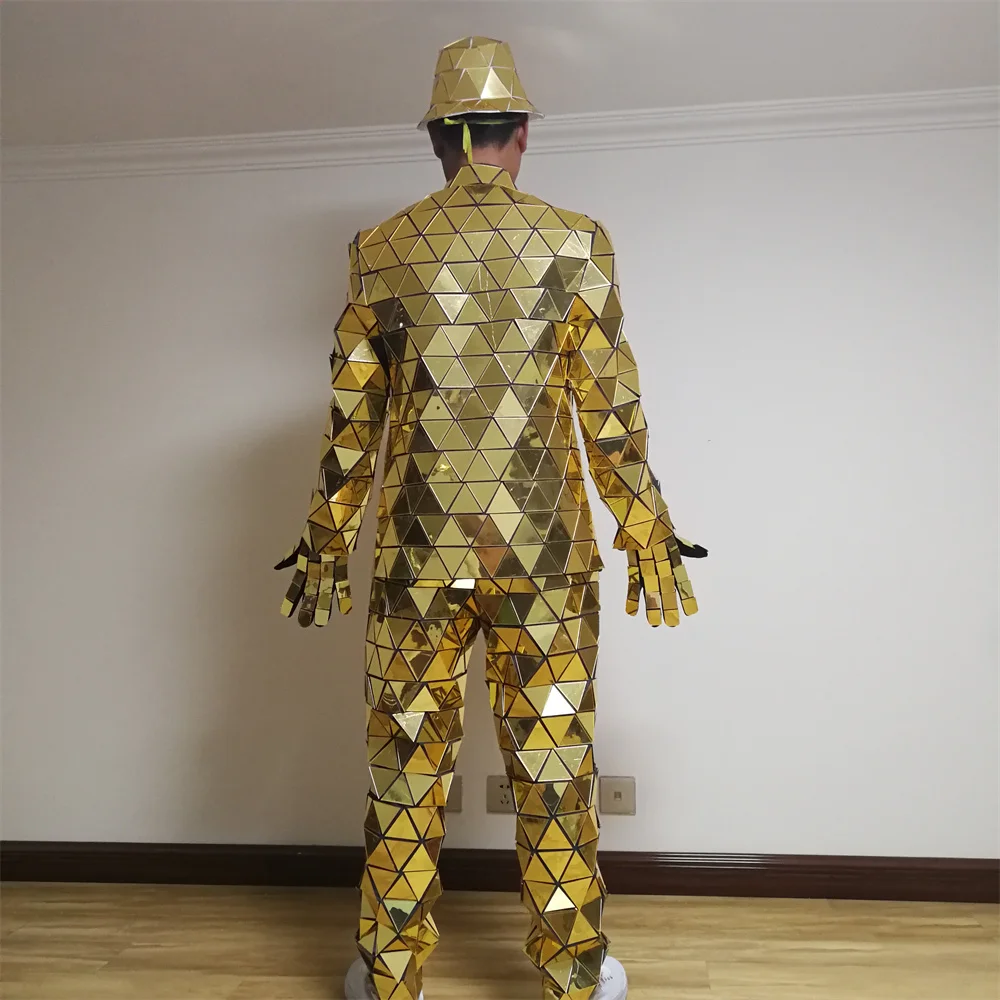 Cool Silver Golden Mirror Man Costumes Robot Suit Jacket Stage Dance Show Performance Hat Shoes DJ Night Club Ball Props