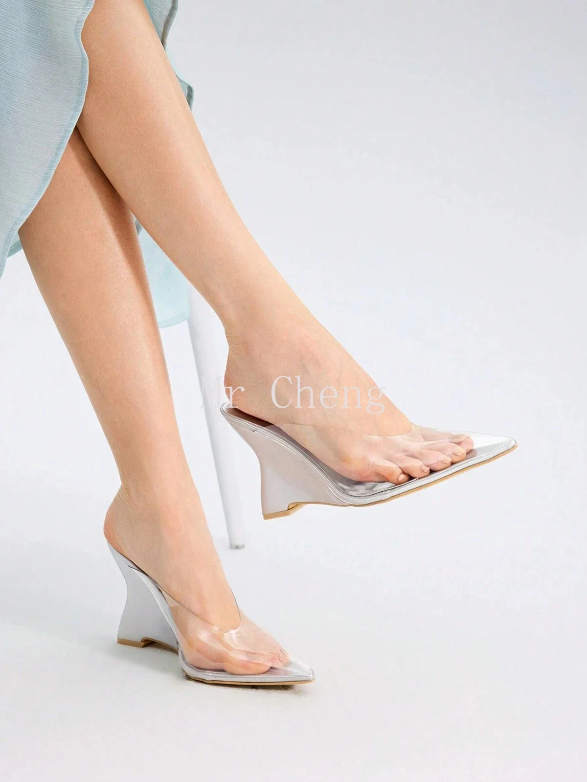 Transparent TPU Pointed Toe Ankle Strap Stiletto Heels for Women Fashion Sexy Summer Sliver Wedge Sandals Size 36-41