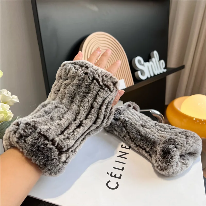 New Arrival Female Natural Rabbit Fur Gloves Knitted Warm Real Rex Rabbit Fur Mittens Women Winter Outdoor Rex Rabbit Fur Gloves