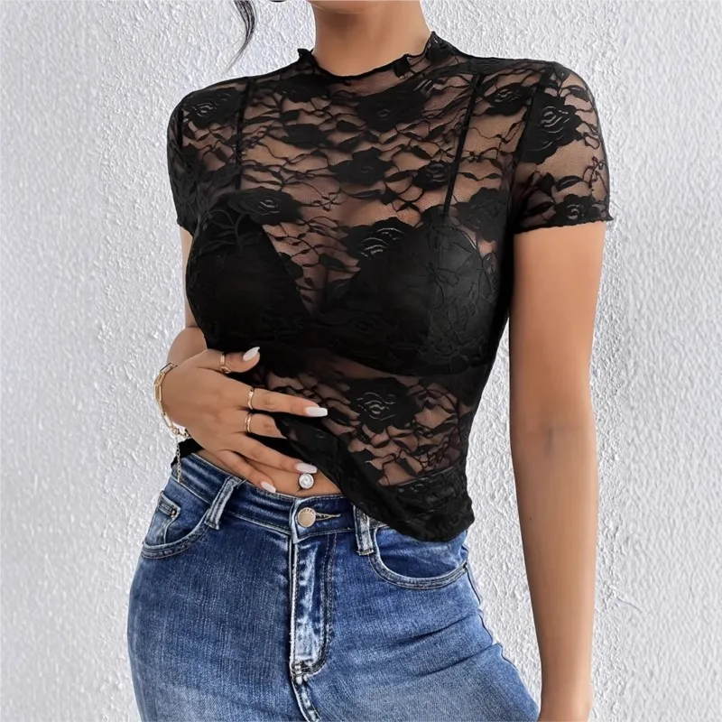 

New T Shirt Black ear-trimmed Small stand-up Collar single-layer Lace Fitted T-shirt Top For Women