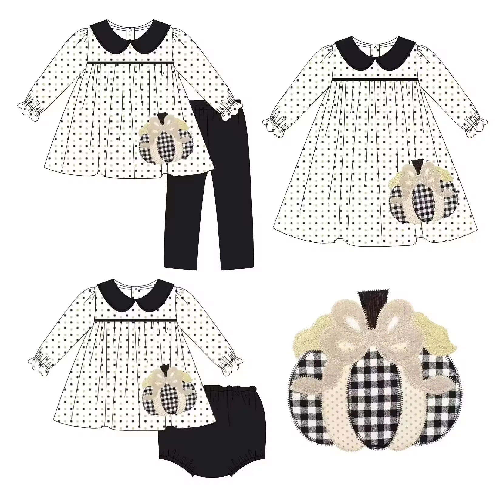 New Thanksgiving Clothing Customized Milk Silk Three-piece Set Black Spot Print Top Black Pants Pumpkin Screen Print