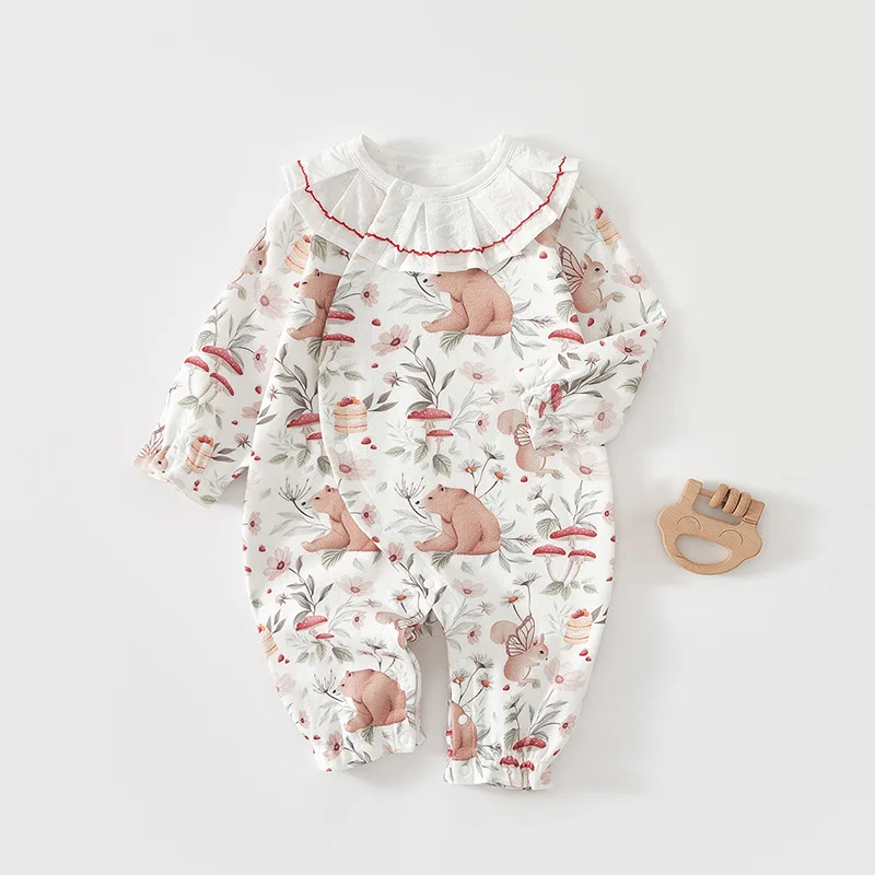 MILANCEL Autumn Baby Clothes 0-24M Newborn Cotton Jumpsuit Infant Girls Cartoon Print Romper Toddler Peter Pan Collar Outwear