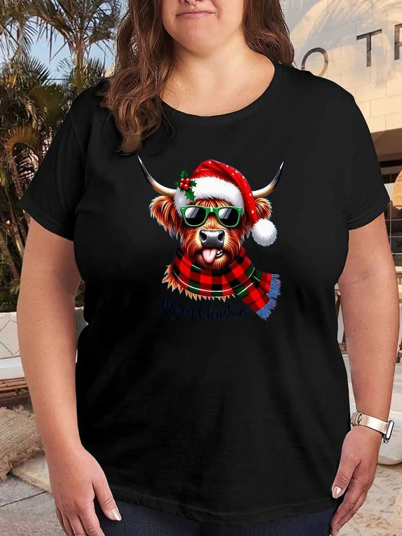 Merry Christmas Highland Cow Graphic T Shirt Women Fashion Stretchy Plus Size Short Sleeve Casual Soft Tees Funny Holiday Clothes