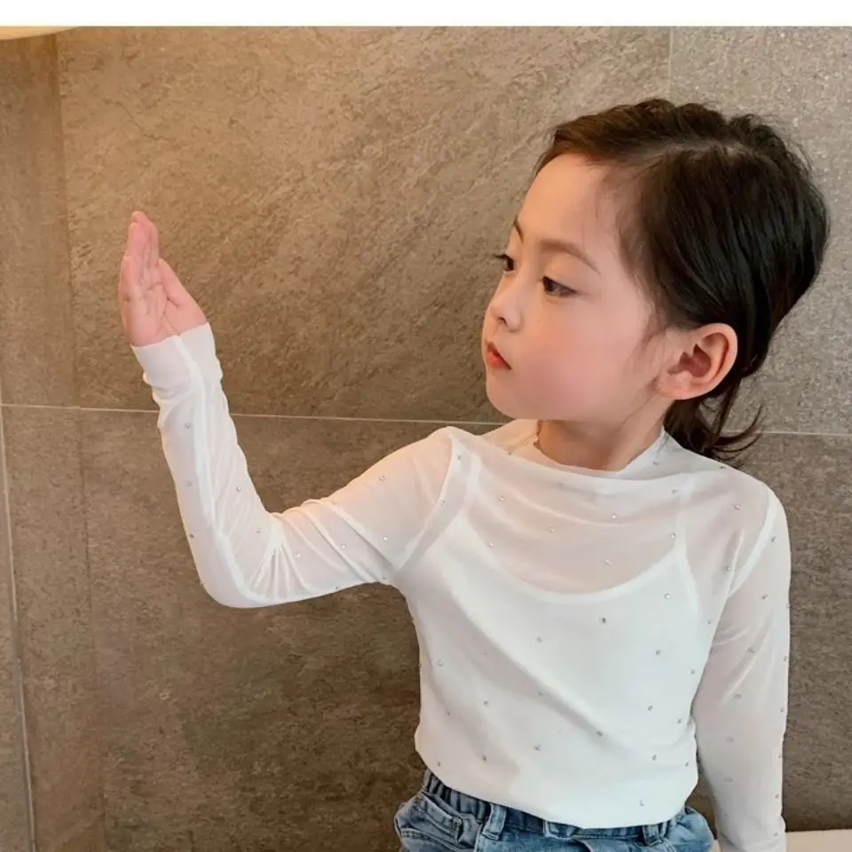Girls' Mesh Top Long Sleeved Hollowed out Mesh T-Shirt, Children's Thin Breathable Sequin Fashionable Outerwear Base Shirt