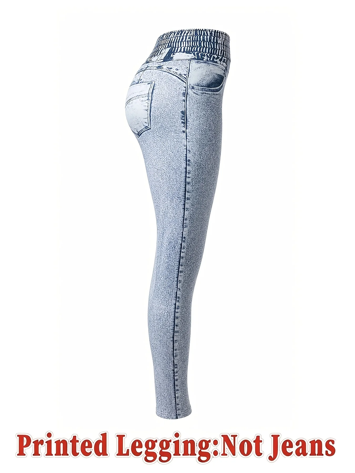 Leggings mit Fleece-Futter und Faux-Denim-Print für Herbst und Winter, schmale, lässige Sporthose, KEIN echter Denim – Detail 6