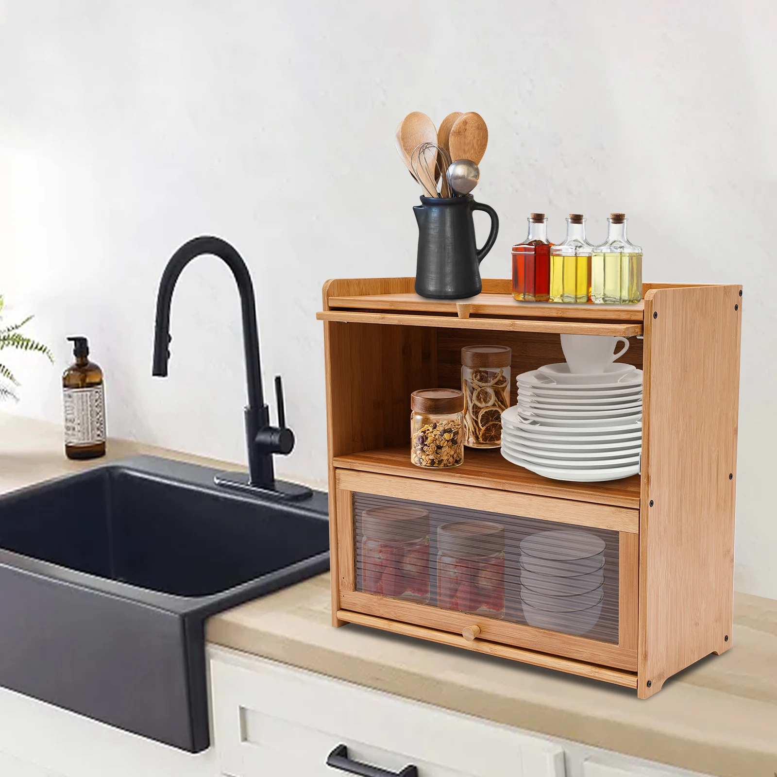 

Wooden 2-Layer Storage Box w/ Handle, Fully Sealed Tabletop Bamboo Cabinet for Kitchen Countertop, Pantry Organization, Bedroom
