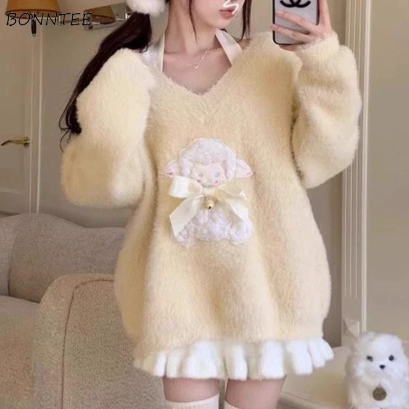 Gentle Sweaters Women Tender Age-reducing Girls Lovely V-neck Свитер Женский Корейская Мода Printing Sweet Streetwear All-match